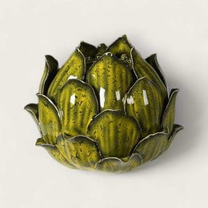 Elegant deep green ceramic tealight holder shaped like an artichoke.