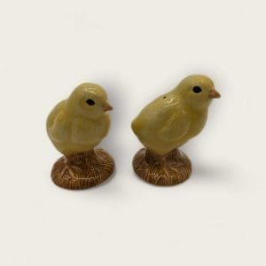 Vintage salt and pepper shaker set by Quail, depicting sweet ceramic chicks, in pristine condition.
