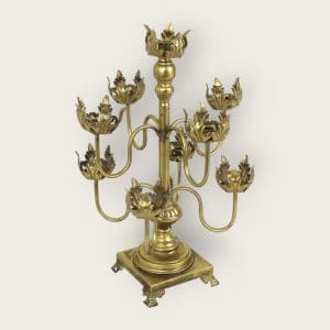 Elevated view of the Golden Elegance Grand Candelabra, emphasizing its sturdy base and the graceful arrangement of its nine arms.
