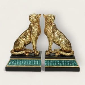 Striking Gold and Teal Leopard Bookends, offering both stylish decoration and functional support for your favorite books, perfect for enhancing any book collection.