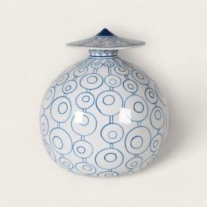 Side view against a light backdrop, highlighting the jar's classic blue and white color scheme.