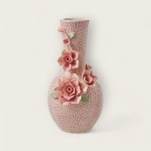 Elegant ceramic vase with a pink honeycomb design and three-dimensional roses, adding a touch of spring to any room.